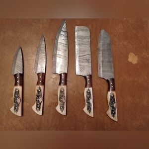 New 5pc Damascus steel blade skull kitchen butcher set